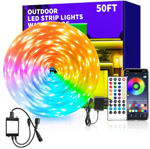 vimeepro Striscia LED per esterni, Ip68, 15 m, per esterni, con telecomando, controllo app, per esterni, corda LED, sincronizzazione della musica, strisce RGB per balcone, tetto, feste, giardino