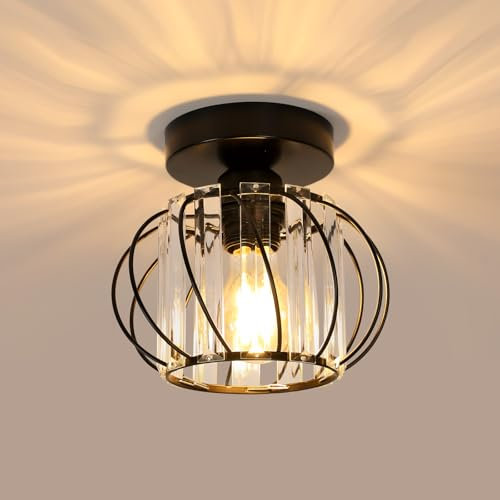 Goeco Deckenleuchte Kristall Schwarz, E27 Moderne Deckenlampe, Vintage Industrie Kronleuchter mit Käfig-förmigen Lampenschirm für Eingang Flur Schlafzimmer Wohnzimmer