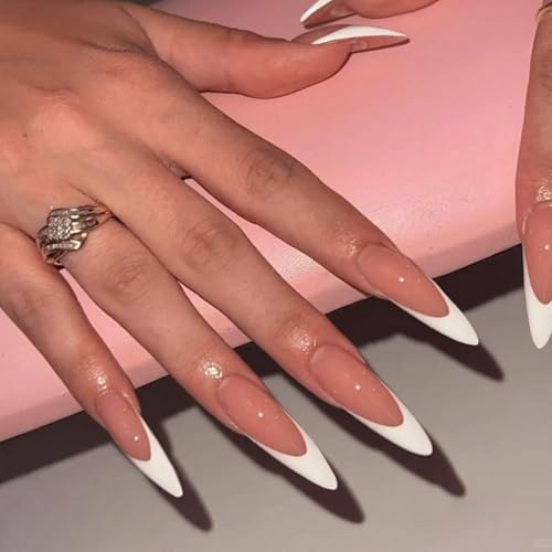 French Tip False Nails - 24pcs Long Almond Press on Nails - Nude Pink White-edge Fake Nail Tip with Glue - Oval Extra Long Full Cover Acrylic Glossy Elegant Stick on Nail for Women Manicure Decoration