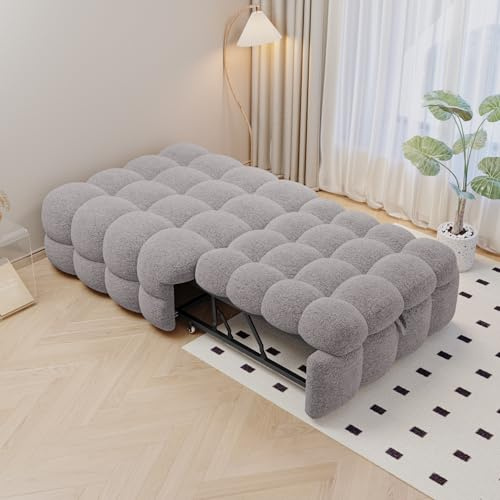Aunvla Polsterbett, 2-in-1-Fußhocker, Ausziehbares Schlafsofa, Einzelbett, Puffy-Bett,Teddy-Stoff, Grau