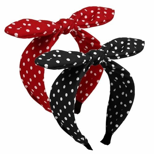 Xanthelle Haarband, 2 Stück Haarreifen Damen & Headband für Frauen, Polka Dot Stirnband mit Schleife & Hasenohren für 50s Outfit Accessory