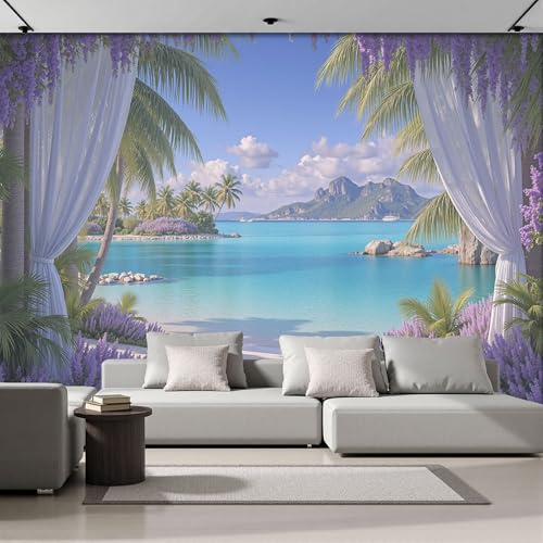Papier Peint Panoramique 200x140cm, Rideau De Mer De Palmiers Mur Papier Peint, Illustrations Oniriques Décoration Revêtement Mural, Pour Cuisine, Salon, Fond TV Décoration Murale Bleu-Violet