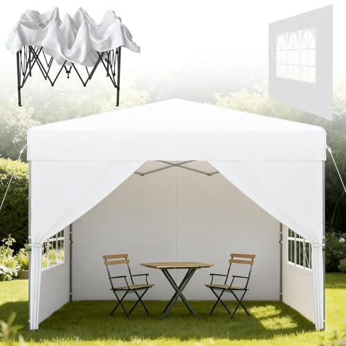 HENGMEI Gartenlauben Pop-Up Gartenzelt Faltpavillon 2.5x2.5m, Faltzelt Gartenpavillon Partyzelt, UV-Schutz für Party, Marktstand, Camping - mit 4 Seitenteilen, Weiß