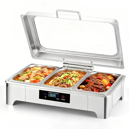 Electric Chafing Dish with Touch Screen, 9L Chafing Dish Buffet Set with Visible Lid and Stainless Steel Dinner Plate, Adjustable 20°C~90°C, for Parties, Catering, Weddings (3 Grids)