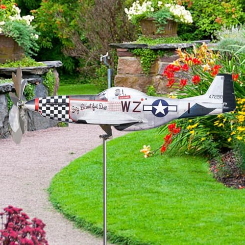 Windrad Flugzeug Edelstahl Rostfrei - Gartendeko Blickfang für Draußen, Wetterfestes Flugzeug Windspiel mit rotierendem Propeller, einfache Montage für Rasen & Balkon