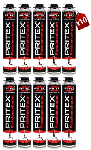 PRITEX – Pistolenschaum 10 x 750 ml zum Verfüllen, Dämmen & Abdichten – Montageschaum mit hervorragender Schall- & Wärmedämmung – Bauschaum für Montagepistole