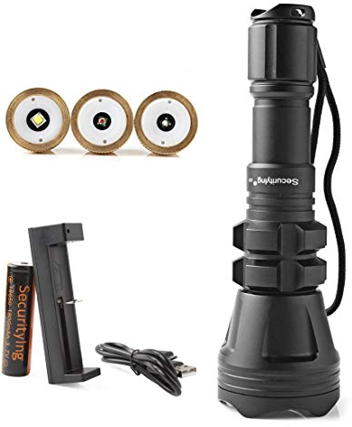 SecurityIng Body Rotatable Hunting Flashlight Red/Green/White Led 900LM Zoomable Waterproof Tactical Torch + Remote Pressure Switch + Battery