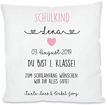 Geschenk zur Einschulung für Schulanfänger - Kissen mit Name und Einschulungsdatum des Erstklässlers, Geschenkidee für Mädchen und Jungen, In Rosa und Blau