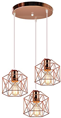 iDEGU 3-flammig Hängelampe Vintage Lampe im Industrie Design Sechseckiger Käfig-Lampenschirm aus Metall E27 Deckenleuchte Retro Pendelleuchte für Esszimmer, Schlafzimmer, Flur (Rondell, Roségold)