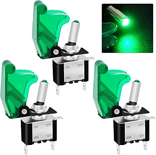 Taiss/3 Stück Kippschalter 12V DC 20A Grüne LED Wippschalter beleuchtet 3 Pin EIN/AUS SPST mit grüner wasserdichter Sicherheitsabdeckung ASW-07D-G+MZ