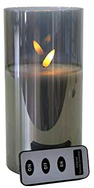Hochwertige LED Kerze im Glas - mit Fernbedienung & Timer - ⌀ 10 cm - Realistische & Flackernde Flamme - Weihnachten Deko (Grau, Medium: 20 cm)