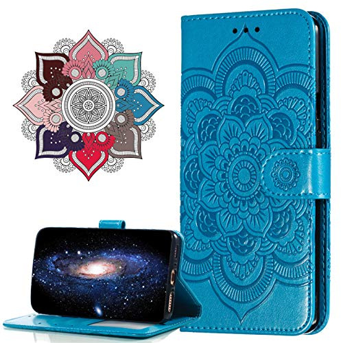 Hülle Kompatibel mit Moto G9 Play, Premium Leder Flip Schutzhülle [Standfunktion] [Kartenfächern] PU-Leder Schutzhülle Brieftasche Handyhülle für Motorola Moto G9 Play. LD Mandala Blue
