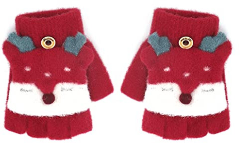 JIAHG Kinder Halbfinger Handschuhe Fingerlose Fäustlinge Mädchen Winter Cartoon Fingerhandschuhe Strickhandschuhe Thermohandschuhe mit Klappe (Rot B)