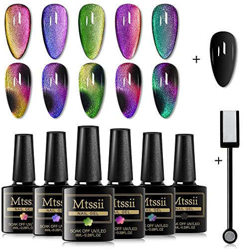 MTSSII Cat Eye Gel Nagellack Chamäleon Magnetgel UV LED 6 Farben Magnetgele Uv Nagellack Set mit 1 Magnet Stick absaugen Magnetnagelack für Frauen Mädchen