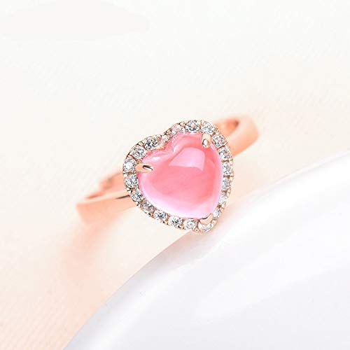 DJMJHG Herz Edelstein erstellt rosa Rosenquarz Verstellbarer Ring 925 Sterling Silber Schmuck für Frauen Hochzeit