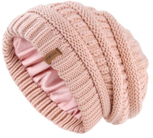FURTALK Unisex Slouch Beanie Satin gefütterte Strickmütze für Haar Herren und Damen Wintermütze Rosa
