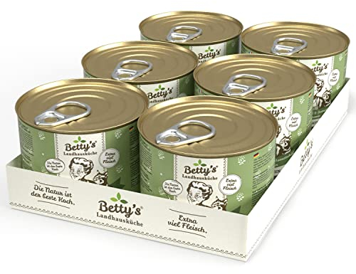 Betty's Landhausküche Dose Nassfutter Katze , getreidefrei, beste Qualität, hochwertiges Fleisch, schonend gegart, für alle Katzenrassen geeignet, Huhn & Kalb mit Borretschöl 6x 200g