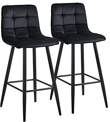 CLIPOP Bar Stools Set of 2 Velvet Breakfast Dining Chairs with Backrest and Metal Legs, High Dining Stools for Bar Pub Kitchen Counter Island