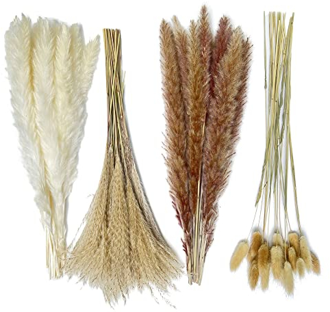 80Pcs Pampas Grass Boho Home Decor 17 inch Natural Dried Flowers-Pampas Grass Contains Bunny Tails White Pampas Brown Pampas.Boho Decor for farmhouse wedding boho wall bathroom office kitchen