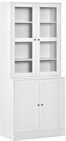 HOMCOM Bücherschrank 178,5 cm Hochschrank Vitrinenschrank mit Glastür 6 Fächern Küchenschrank für Wohnzimmer Küche Weiß