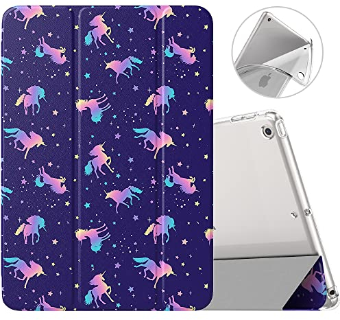 MoKo Hülle Kompatibel mit Neu iPad 9./8./7. Generation (2021/2020/2019), iPad 10,2 Zoll Hülle mit Ständer, TPU Transluzent Matt Rückseite Cover mit Auto Schlaf/Aufwach Funktion, Schillerndes Einhorn