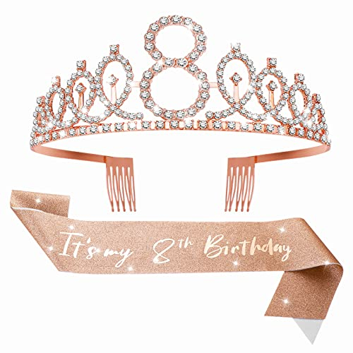 Abeillo Geburtstag Krone Mädchen 8, Geburtstagskrone 8 Jahre, 8. Geburtstag Krone und Schärpe, Its My 8th Birthday und Birthday Krone für Geburtstag Geschenk, Mädchen Geburtstag Party Deko