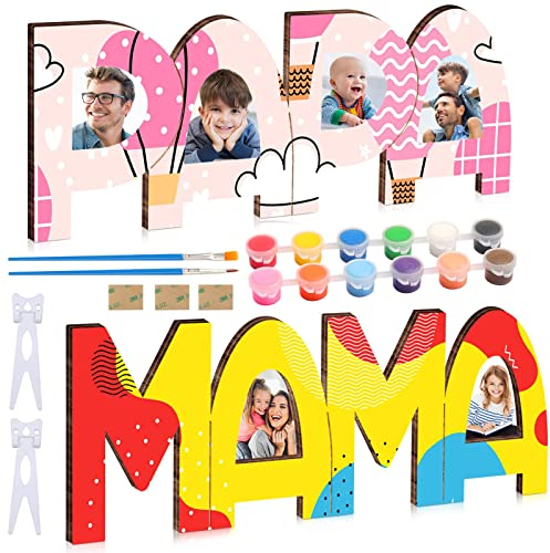 Nourdom PAPA MAMA Geschenk, 2 Stück Holzbuchstaben Bastelset PAPA and MAMA Bilderrahmen Holzbuchstaben Personalisierte Foto mit Farben and Pinsel, Papa Mama Geschenk Geburtstag Weihnachten