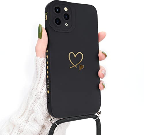 Newseego Lanyard Case Compatible for iPhone 11 Pro, Cute Gold Love Heart Pattern Women Girls Liquid Silicone Protective iPhone 11 Pro Case with Heart Side Frame Adjustable Neck Strap-Black