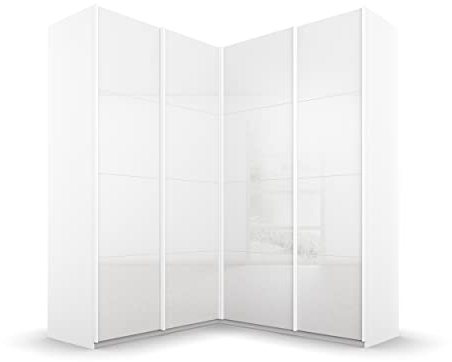 Rauch Möbel Quadra Schrank Eckschrank Schwebetürenschrank, Weiß, 4-trg., inkl. 2 Kleiderstangen, 12 Einlegeböden, 3 Schubkästen, BxHxT 181x229x187 cm