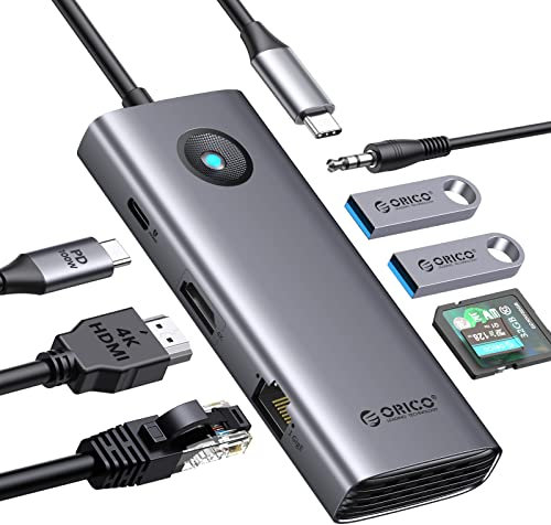 USB C Hub, ORICO 8-in-1 USB C Docking Station with 4K HDMI, 100W Power Delivery, 2 USB Port 5 Gbps, SD&TF, 3.5mm Audio, Gigabit Ethernet Type C Multiport Adapter for Windows Mac