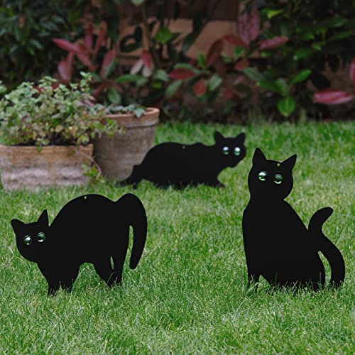 3 x Life-Sized Decoy Cats – Lifelike Realistic Weatherproof Metal Cat Silhouette Garden Lawn or Fence Decorations with Marble Reflective Eyes for Deterring Cats, Birds & Small Mammals – 3 Poses