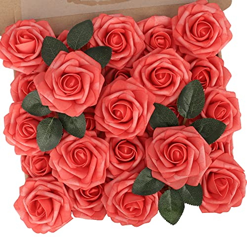 N&T NIETING Künstliche Blumen Rosen, 25 Stück Deko Blumen Fake Rosen mit Stielen für DIY Hochzeit Blumensträuße Brautdusche Tafelaufsätze Braut Zuhause Dekoration, Korallrot