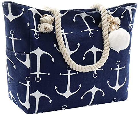 crazy bean Handtasche Strandtasche mit Reißverschluss Umhängetasche Shopper Groß für Laptoptasche Streifen Tote Bag xxl Familie Canvas Tasche Damen Herren Saunatasche,Blau Anker