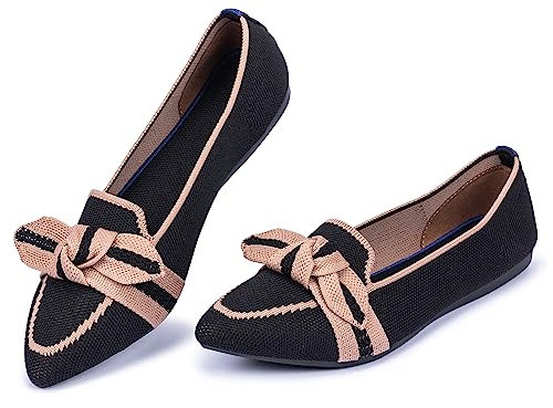 Frank Mully Loafer Flats für Damen Lässiger Strickstoff Schuhe Waschbar Schnürschuhe mit spitzer Zehenpartie Bequeme Schuhe im Ballettstil für, Schwarz, 40 EU