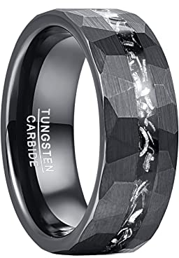 Vakki 8mm Schwarz Herren Wolfram Ring mit Gehämmerter, strukturierter Einlage aus Meteorit für Hochzeit, Jahrestag, Geburtstag, Größe 65(20.7)