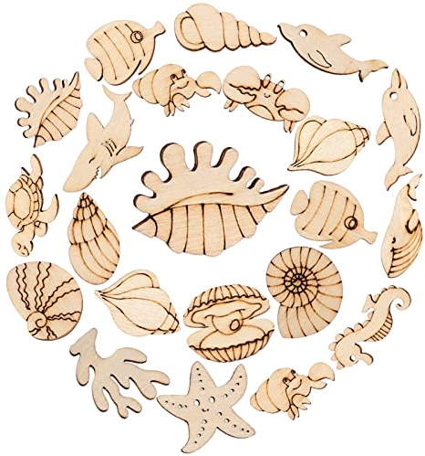 Toyvian 100 Stücke Holz Holzscheiben zum Basteln Bemalen DIY Meerestiere Geschenkanhänger Naturholzscheiben Deko Anhänger Holzanhänger Streudeko Kinder Bastelset Tischdeko