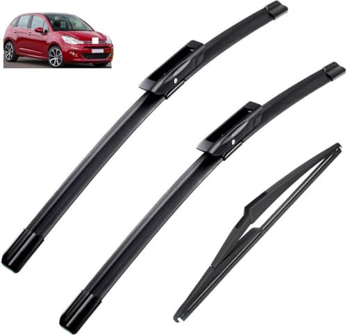 Juego de 3 escobillas de limpiaparabrisas delanteras y traseras compatible con Citroen C3 MK2 Hatchback 2009-2016 parabrisas ventana 26 + 16 + 12