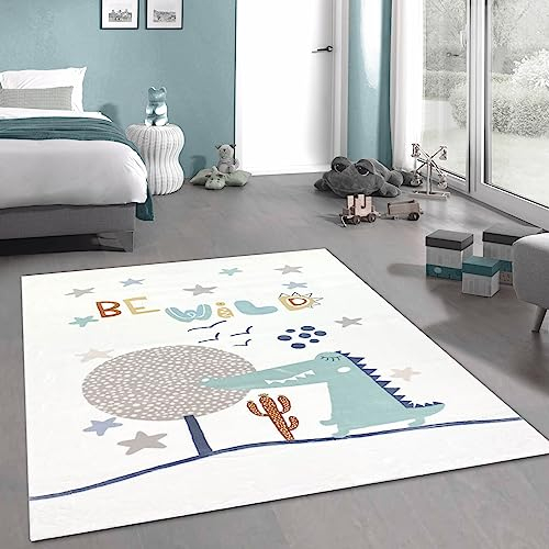 CARPETIA Kinderzimmer-Teppich flauschig Krokodil pflegeleicht in Creme 160x230 cm