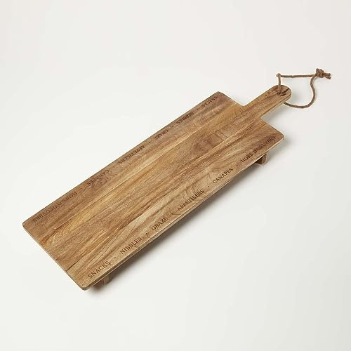Homescapes Servierbrett Holz lang 100 cm x 30 cm, Servierplatte Holz mit Griff, Servierbrett mit Gravur