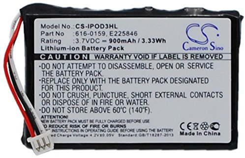 Cameron Sino Ersatz Akku für iPOD 10GB M8976LL/A, iPOD 15GB M9460LL/A, iPOD 20GB M9244LL/A, iPOD 30GB M8948LL/A, iPOD 3th Generation, iPOD 40GB M9245LL/A PN: 616-0159, E225846 900mAh / 3.33Wh