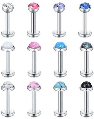 Briana Williams 12 Stück Lippenschrauben Labret 16G 6mm Tragus Rook Stange mit Kristall Ohrring Edelstahl Silber Piercingschmuck