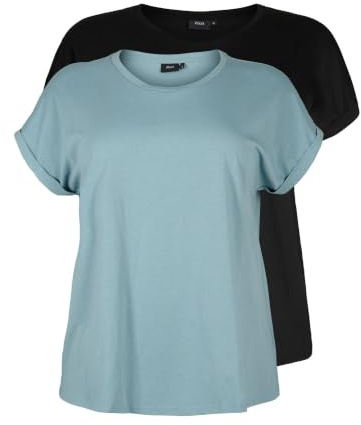 Zizzi 2er Pack T-Shirt Damen Große Größen Baumwolle Rundhals Kurzarm | Weiche Baumwollmischung, lockere Passform, umgeschlagene Ärmel – Basic Shirt im Doppelpack für Alltag und Freizeit
