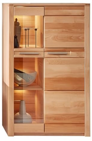 Lomadox Wohnzimmer Esszimmer Vitrine Vitrinenschrank Standvitrine 85cm, inkl. Beleuchtung, Front Kernbuche massiv