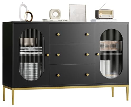 FirFurd Sideboard 120cm Breit Küchenschrank mit Arbeitsplatte Buffetschrank mit 2 Glastüren 3 Schubladen Küchenbuffet mit Verstellbarer Ablage für Küche Esszimmer Wohnzimmer 120x38x80 cm Schwarz