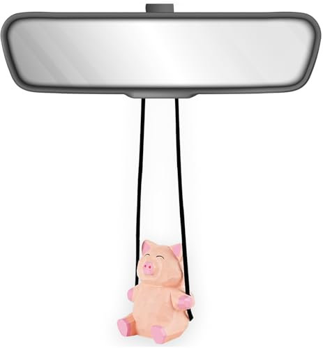 VIPbuy 100% fatto a mano in legno a forma di maialino oscillante da appendere all'auto, ornamento carino intagliato a mano in legno dipinto a mano statuetta da appendere allo specchio dell'auto