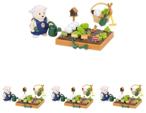 Li’l Woodzeez 31-teilig Schaf im Garten Figur und Zubehör Set – weiche Tierfigur, Gemüsebeet, Gießkanne und mehr – Spielzeug für Kinder ab 3 Jahren (Packung mit 4)