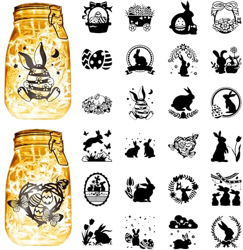 CREATCABIN 24 Stück Osterhasen-Silhouetten,Einmachglas-Dekoration,Lasergeschnittener Karton,Häschen,Scrapbook-Ausschnitte,Gestanzte Verzierungen,PVC Basteln von Laternen,Fenstern,Glas,Ohne Aufkleber