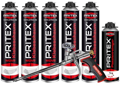 PRITEX - WDVS Klebeschaum Set 5 x 750 ml inkl. Schaumpistole und Reiniger zum Isolieren, Fixieren & Befestigen – Bauschaum Dämmstoffkleber Isolierschaum mit sehr guter Haftung