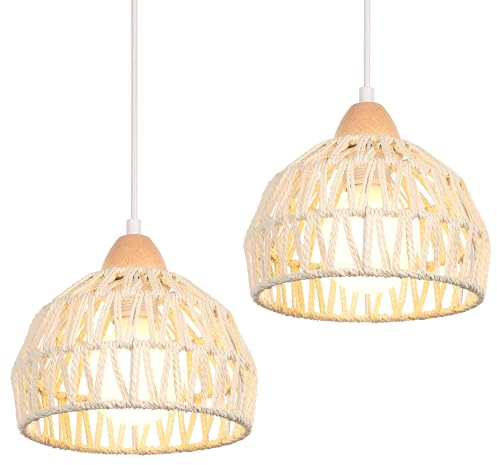 iDEGU 2 Stück Ø20cm Hängelampen Retro E27 Hängeleuchte aus Rattan Holz Bohème-Stil Geflochten Deckenleuchte Vintage Pendelleuchte für Schlafzimmer Esszimmer Küche Restaurant (Weiß Rattan)