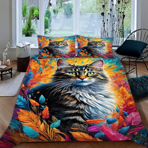 Ruiqieor Bettwäsche 155x220cm,Blätter Tabby Katze Motiv Bettwäsche Set, Flauschig Weich Bettbezüge Set,1 Bettbezug und 2 Kissenbezug 80x80 cm,3D Druck Cat Tier Muster（#2）